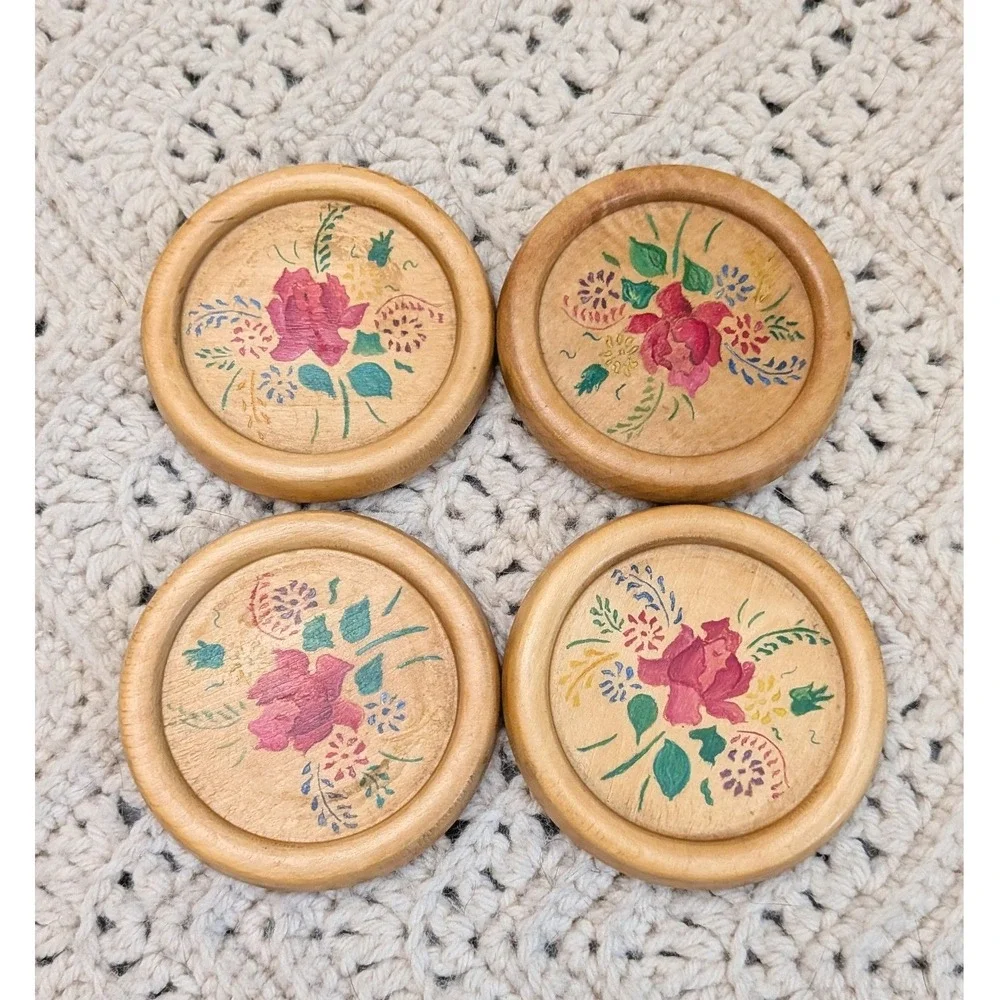 Vintage Hand Painted Wooden Coasters Set 4 Floral Rose Folk Art Cottagecore